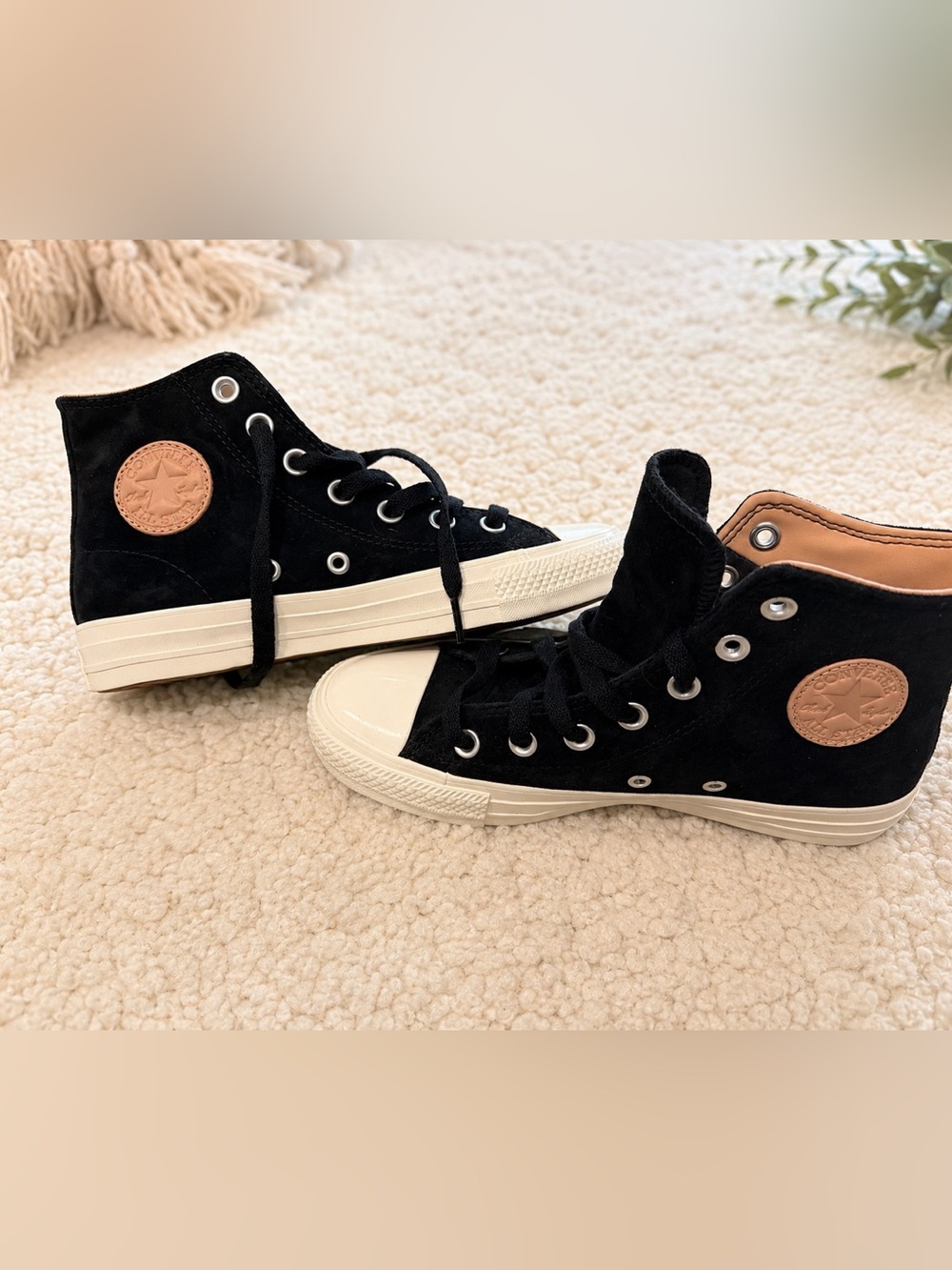 Black Suede High-Top Sneakers with Tan Patch Detail
